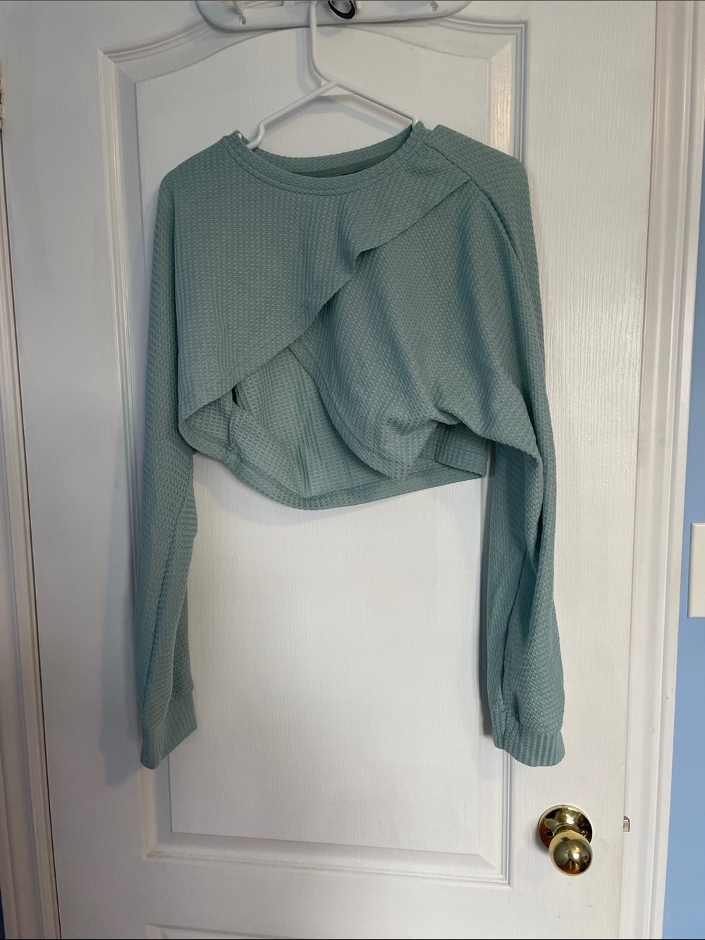 Cropped Waffle Knit Long-Sleeve Top in blue